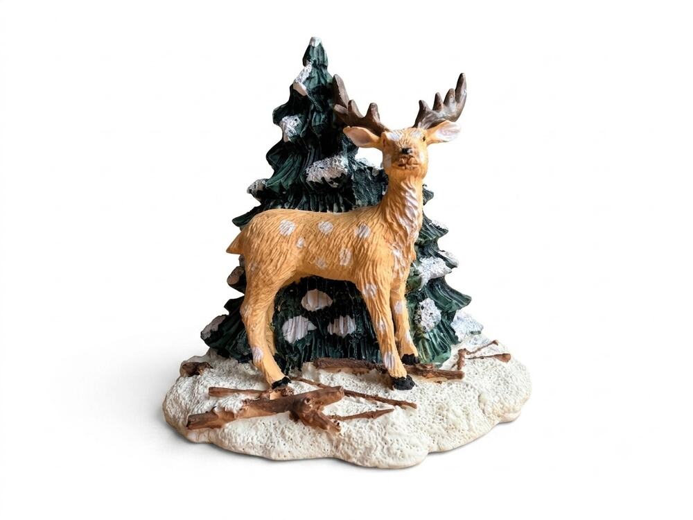 Vintage Woodland Buck Deer & Snow-Capped Evergreen Pine Tree Figurine - Rustic